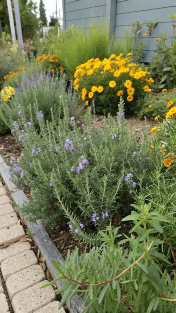 An image demonstrating a key strategy for those learning how to grow lavender: companion planting. In a garden bed edged with pavers, healthy lavender bushes with small purple flowers grow alongside vibrant yellow and orange marigolds. This planting method is used to naturally deter pests and create a thriving garden ecosystem. The siding of a house is visible in the background.