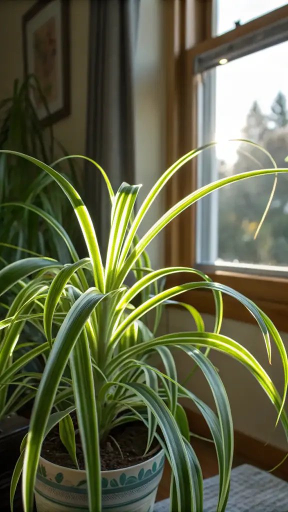 A vibrant, healthy spider plant (Chlorophytum comosum) with its signature arching green and white striped leaves, backlit by the warm, natural light from a nearby window. The plant sits in a decorative ceramic pot, making it a perfect, low-maintenance choice for indoor plants decor living room. The cozy home setting is enhanced by the soft glow of the sun and the glimpse of a grey curtain and framed art in the background, creating a peaceful and inviting atmosphere.