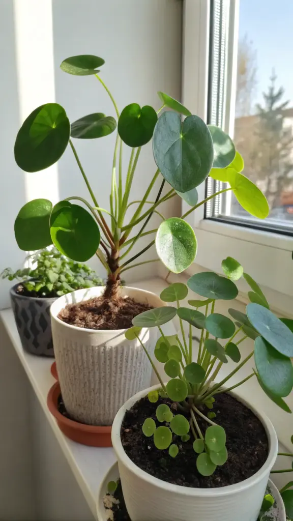 An image illustrating propagation, a key and rewarding aspect of Chinese Money Plant Care. On a bright windowsill, a mature "mother" Pilea peperomioides with a tall, woody stem is displayed next to a thriving "baby" plant in a separate pot. The bushy, smaller plant is a successfully propagated offset, showcasing the result of separating and potting the pups at the right time. This side-by-side comparison highlights the life cycle and ease of sharing this popular houseplant.