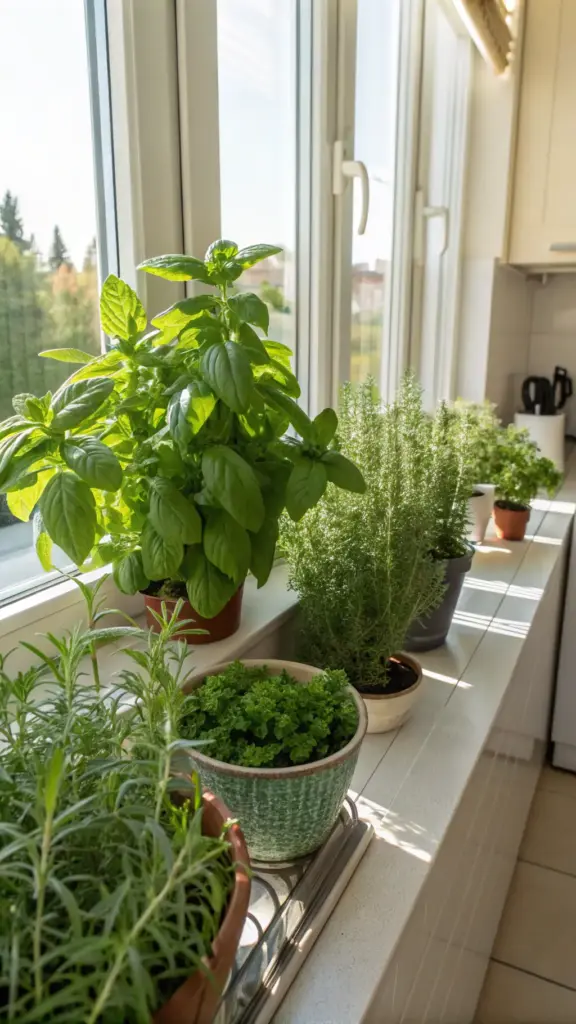 A sunny kitchen windowsill filled with a fresh indoor herb garden, including lush basil and rosemary in rustic ceramic and terracotta pots. While pictured in a kitchen, this setup provides excellent indoor plants decor living room ideas, demonstrating how to use a bright, sunlit windowsill in any room to create a beautiful, natural, and fragrant green display.