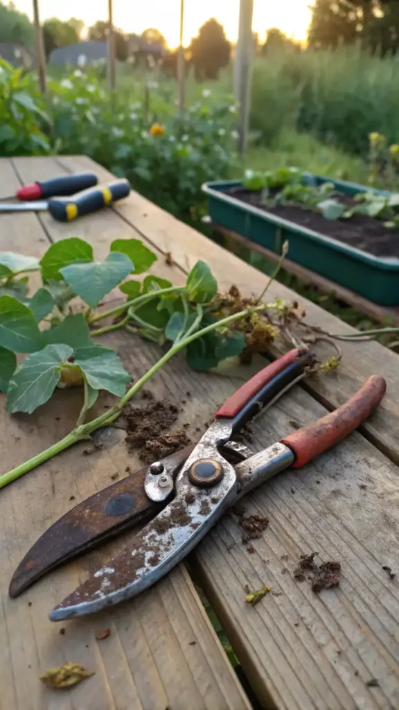 A pair of dirty and rusty pruning shears resting on a wooden garden workbench, highlighting the mistake of using dull, unhygienic tools when you prune lavender plant, which can lead to spreading disease and creating ragged cuts.