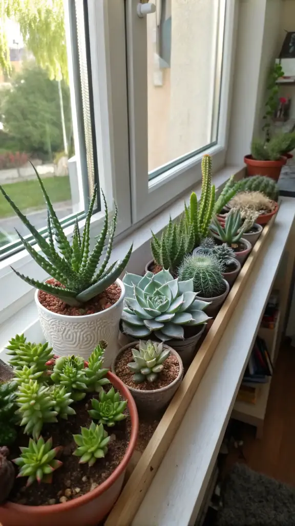 Sunny windowsill in a house with plants, transformed into a mini indoor garden with a diverse collection of succulents and cacti in various terracotta and decorative pots. Natural light from the window nourishes these desert plants, showcasing a charming way to incorporate greenery into home decor.