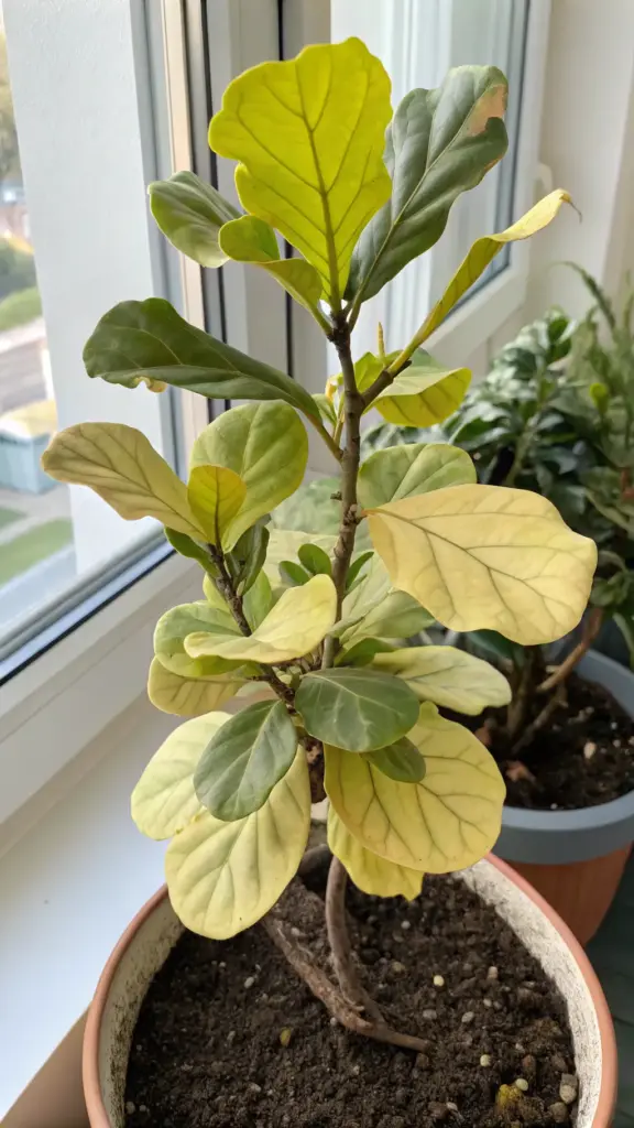 A small fiddle leaf fig tree on a bright windowsill, showing clear signs of malnutrition, which highlights the importance of fertilizing in a proper Fiddle Leaf Tree Care routine. Many of the plant's leaves are a pale, washed-out yellow-green (chlorosis), but the veins have remained a darker green. This specific pattern is a classic indicator of a nutrient deficiency that needs to be addressed.