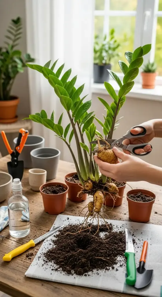 A gardener performs ZZ Plant Propagation by division, using a pair of scissors to carefully cut and separate a rhizome from the exposed root ball of a mature ZZ plant. The process takes place on a wooden table covered with soil, with several empty pots nearby ready for planting the new divisions.