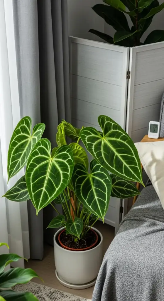 A large and healthy Anthurium Clarinervium plant with striking white veins on its dark green, heart-shaped leaves, displayed in a white pot in a modern indoor setting, demonstrating successful techniques to Grow Anthurium Clarinervium.