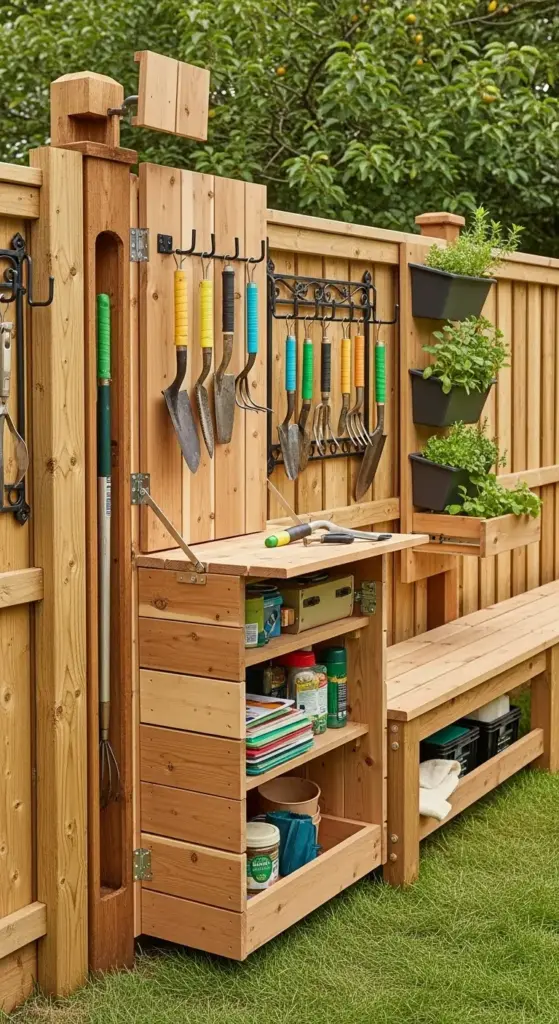 An eye-level, vertical shot captures a highly functional and organized section of a wooden backyard fence, showcasing clever backyard fence decor that maximizes utility. Integrated into the fence structure is a vertical storage unit with a fold-down workbench, revealing shelves stocked with gardening supplies like jars, cans, and books. Above the workbench, a variety of gardening tools with colorful handles are neatly hung on hooks and a decorative metal rack, demonstrating efficient storage as part of the backyard fence decor.To the right, a long wooden bench provides seating and additional storage underneath, while black tiered planters hanging on the fence are filled with vibrant green herbs. To the left, a long-handled rake is stored vertically on the fence. The wooden elements are a light, natural wood tone, and the background features lush green foliage, suggesting a well-maintained garden space. The overall impression is one of a perfectly organized and practical gardening station designed to enhance backyard fence decor.
