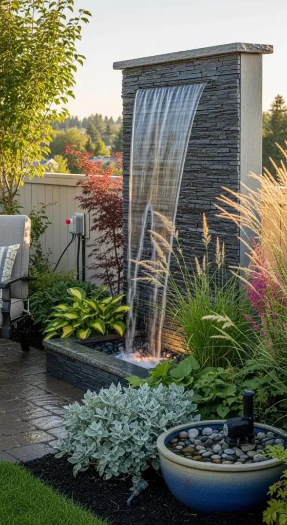 A striking water feature, with water cascading down a dark stacked stone wall, serves as a focal point and clever "Backyard Privacy Ideas From Neighbors" in a lush garden. The area is adorned with various plants including hostas, ornamental grasses, and colorful shrubs. A small pond with pebbles and a bubbler, and a paved patio area with outdoor furniture are also visible, all under the soft light of sunset, with a light-colored fence in the background providing additional privacy.