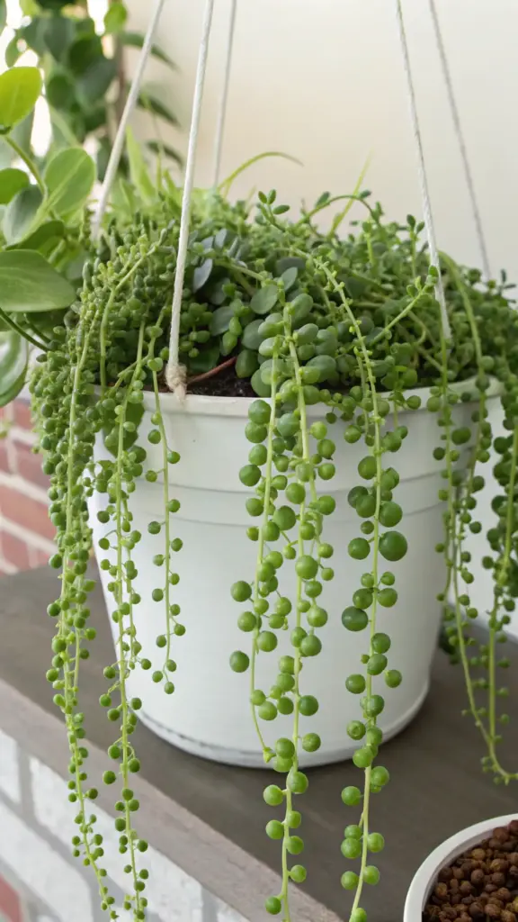 An image of a very full and vibrant String of Pearls plant in a white hanging basket, illustrating the results of using a quality fertilizer as part of a String of Pearls Care regimen. The top of the pot is dense with growth, and numerous healthy, green pearls cascade down the sides. A small bowl with what appears to be granular fertilizer or a soil amendment is partially visible, emphasizing the role of proper nutrients in achieving a lush, thriving succulent.