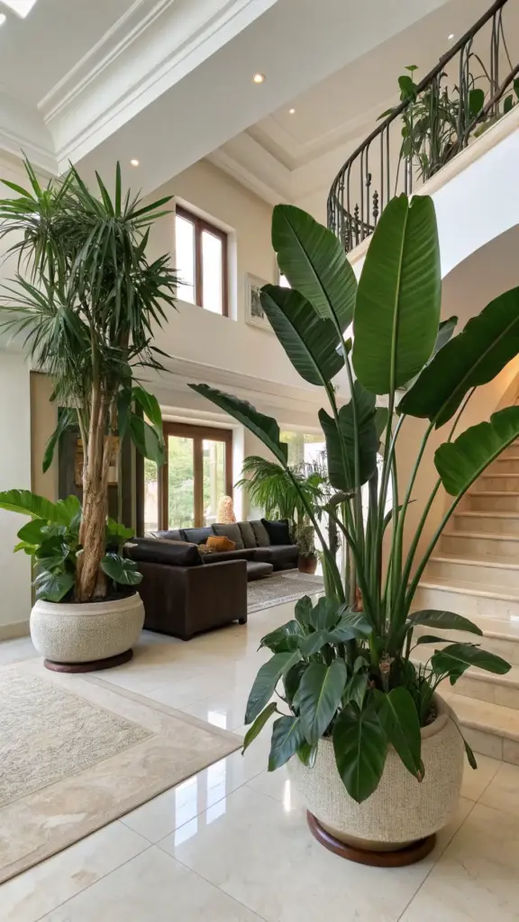 A grand, high-ceilinged living room offers dramatic indoor plants decor living room ideas by using massive floor plants as living sculptures. A large Bird of Paradise and a tall Dracaena tree are potted in oversized, textured stone planters, framing a modern seating area. This luxurious biophilic design demonstrates how statement plants can add scale, drama, and natural elegance to a spacious and sophisticated home with a grand staircase.