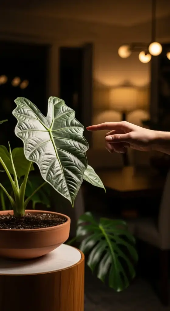 A person gently touches the textured, ruffled edge of a large, dark green leaf, showcasing the tactile beauty of different Alocasia Plant Varieties. The healthy, glossy leaf belongs to a plant in a terracotta-colored pot resting on a modern stand. This intimate moment of houseplant care takes place in a warmly lit living room at night, with the soft glow of a light fixture and another plant in the background creating a cozy, serene atmosphere.