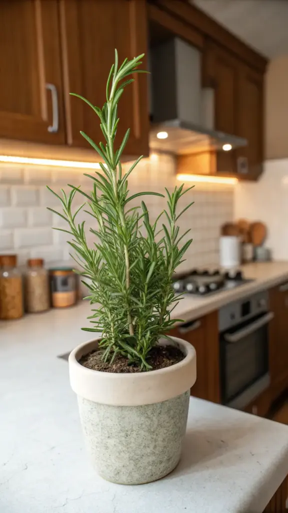 A tall, vibrant rosemary plant in a light-colored pot sits on a kitchen countertop, illustrating one of the most convenient ways to use rosemary. The plant is ready to have its fresh sprigs clipped for cooking. In the background, the warm and inviting kitchen features wooden cabinets, a white subway tile backsplash, and a stove, emphasizing the practicality and decorative touch of growing fresh herbs right where you need them.