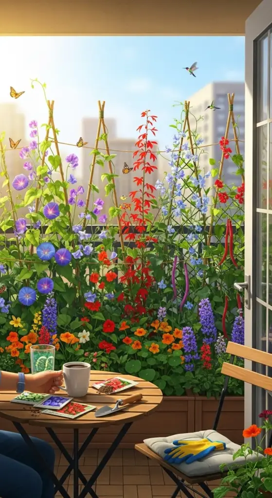 A beautifully vibrant balcony garden brimming with colorful flowering plants like morning glories, sweet peas, and other annuals climbing bamboo trellises, effectively creating natural Backyard Privacy Ideas From Neighbors and a lively, private atmosphere. Butterflies flutter among the blossoms, and a person sits at a wooden table with a cup of coffee and seed packets, enjoying the sunny day with hummingbirds visible in the background, overlooking a city skyline.