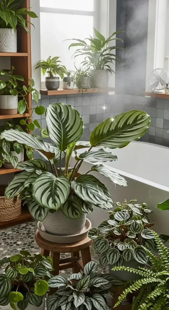 A diverse collection of "Bathroom Plants" flourishes in a bright, humid bathroom, featuring a prominent large-leafed plant on a wooden stool, several smaller plants on the floor with pebble tiles, and various plants arranged on shelves around a white bathtub.