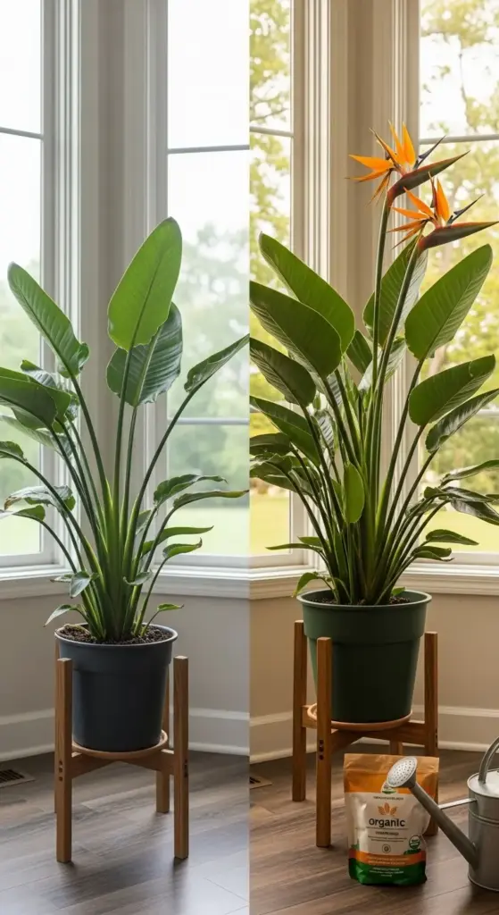 Before and after comparison of a Bird of Paradise plant, showing remarkable growth and flowering after proper care. This transformation highlights the potential for healthy plant development, similar to successful ZZ Plant Propagation from cuttings.