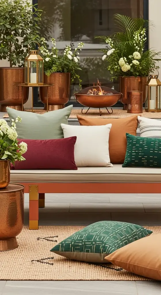 A chic and cozy outdoor patio setup, showcasing elements of Boho Patio Ideas Outdoor Spaces, with a low seating bench adorned with an array of throw pillows in green, burgundy, white, and rust tones. The space is enhanced by large copper planters overflowing with white flowers, elegant gold lanterns, and a copper fire pit, all resting on a textured natural fiber rug, creating a warm and inviting ambiance.