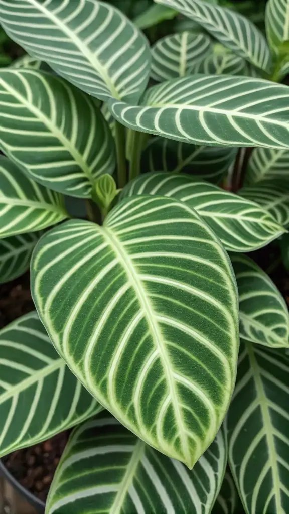 A vibrant, macro close-up of a Calathea musaica 'Network', showcasing one of the most intricate and unique leaf patterns among all Calathea Plant Varieties. The image focuses on the plant's lush, green leaves, which are covered in a stunning, fine-lined mosaic or 'network' pattern of a lighter green hue. This detailed, top-down view fills the frame with the geometric beauty of the foliage, highlighting the almost pixelated appearance that makes this houseplant a living work of art.