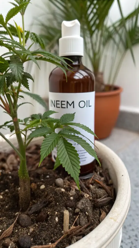 A brown bottle labeled 'NEEM OIL' is positioned behind a small, vibrant green leafy plant in a white pot, showcasing neem oil as a natural plant protector and an effective solution for managing common pests like gnats in house plants.