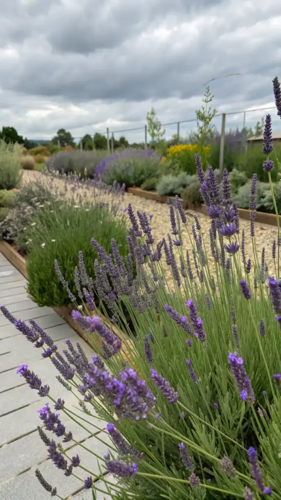 A landscaped garden with long beds containing different varieties of lavender, illustrating the importance of identifying the specific type, as how you prune a lavender plant can vary between English, Spanish, and French varieties for best results.