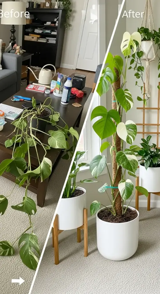 A before-and-after image showing the transformation of a Monstera Variegata. The "before" side shows the plant sprawling messily on a table, and the "after" side shows it neatly repotted and trained to climb a moss pole for healthier, upward growth.