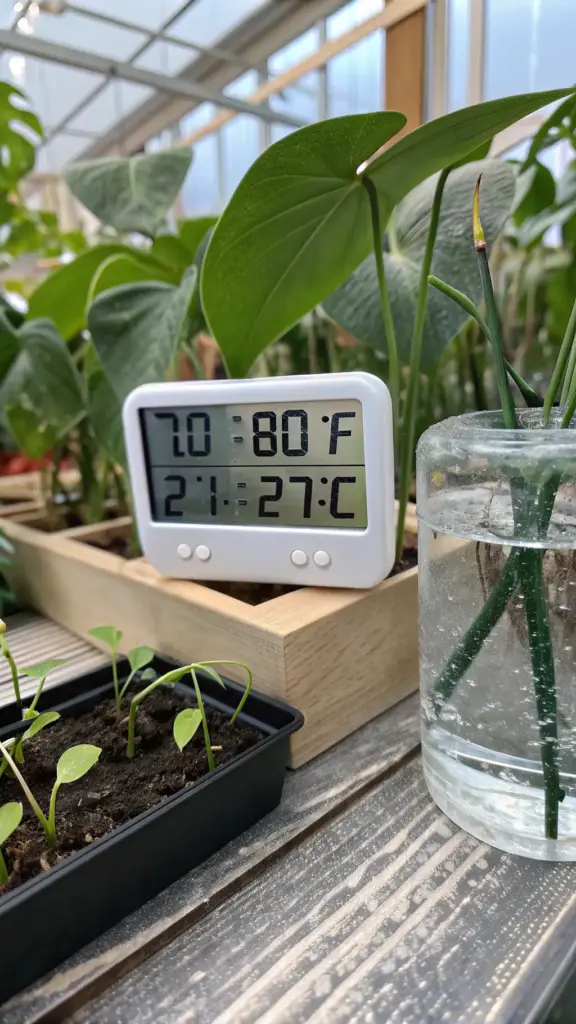 An image highlighting the ideal environmental conditions for anyone learning how to propagate a Monstera. A digital thermometer-hygrometer is placed on a wooden bench inside a bright greenhouse, displaying a warm temperature of 80°F (27°C). This high temperature and the surrounding humidity create the perfect tropical environment to encourage new cuttings to develop roots quickly. In the background, lush green plants and a glass jar with cuttings rooting in water further illustrate a successful propagation setup.