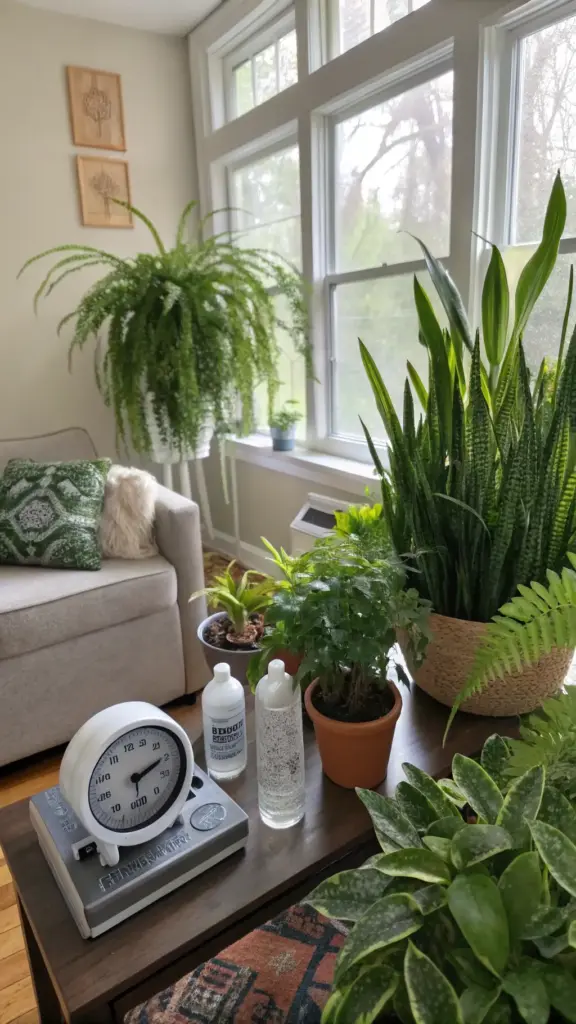 A lush, plant-filled living room corner showcasing a variety of healthy houseplants thriving in an optimized environment. A large snake plant sits in a woven basket next to other plants like ferns and a hoya, demonstrating the beautiful results of excellent Snake Plant Care. In the foreground, a hygrometer on a wooden table measures the room's conditions, emphasizing the importance of monitoring humidity and temperature for optimal plant health. The room is bright with natural light from a large window, creating a perfect indoor oasis.