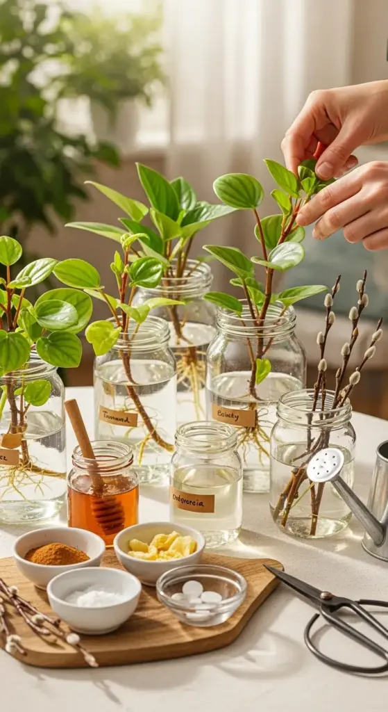 A pair of hands is tending to a Peperomia plant cutting, surrounded by several other Peperomia cuttings rooting in glass jars, each with a label, showcasing various propagation techniques essential for Peperomia Care. A collection of small bowls filled with powders, liquids like honey and clear solutions, and what appear to be rooting hormones, along with scissors and a miniature watering can, highlights the diverse methods and tools used for effective Peperomia Care and propagation.