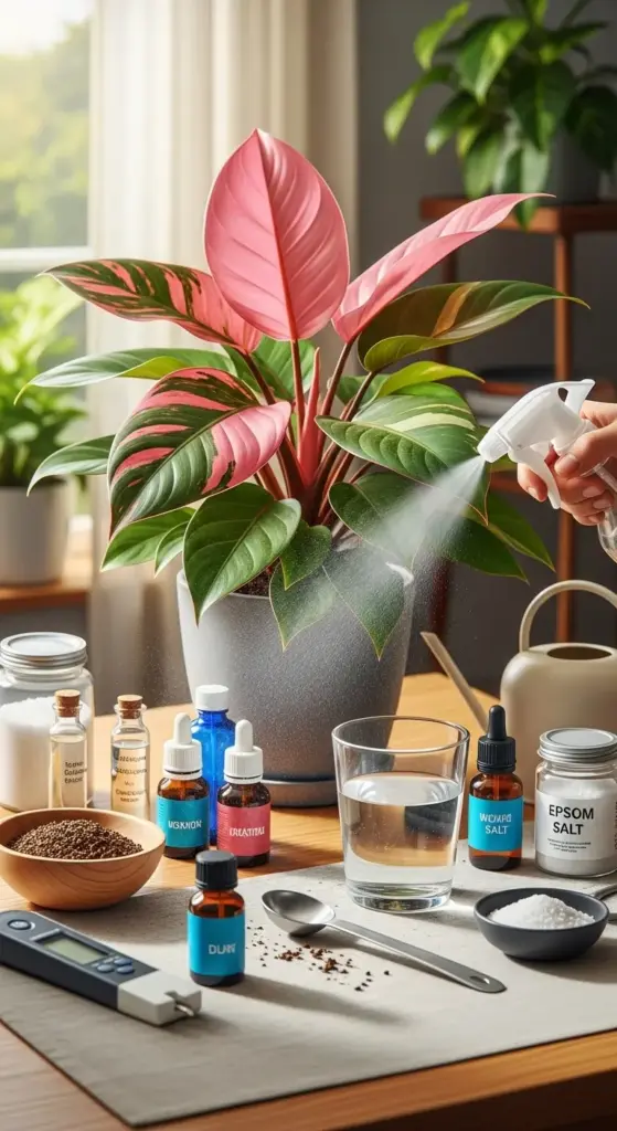 An illustrative guide to a feeding routine for Pink Princess Philodendron Care, showing a person misting the plant which is surrounded by various fertilizers and supplements like worm castings, epsom salt, calcium nitrate, and neem oil on a table.