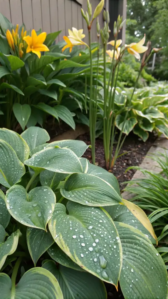 A lush shade garden bed where water droplets from a recent rain have collected on the large, variegated leaves of hosta plants. While beautiful, this standing water illustrates how some plants can create breeding spots for insects. To counteract this, it is wise to incorporate Mosquito Repelling Plants like lemon balm or bee balm (monarda) alongside the hostas and yellow daylilies to create a beautiful, functional, and more comfortable garden environment.