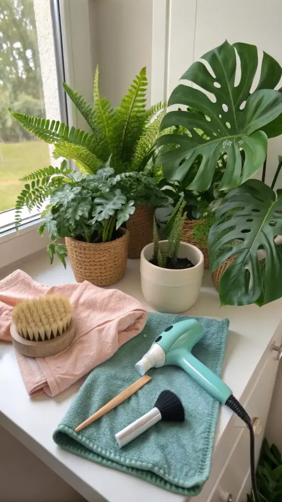 A shot demonstrating the regular maintenance needed to keep artificial plants indoor decor looking realistic and dust-free. On a bright windowsill, a faux monstera and an artificial fern sit behind a collection of cleaning tools, including a small handheld air blower, soft brushes, and microfiber cloths, showcasing how to properly care for your faux greenery.