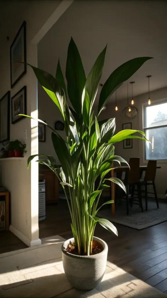 A tall, elegant Cast Iron Plant (Aspidistra elatior) with lush, dark green leaves is showcased in a rustic grey stone pot. The plant is strategically placed in a patch of sunlight on the floor, adding a touch of nature and sophistication to the home. This image demonstrates a beautiful example of using indoor plants decor living room and dining areas, with a view into a warmly lit dining space in the background. The play of light and shadow highlights the plant's hardy structure, making it a striking focal point.