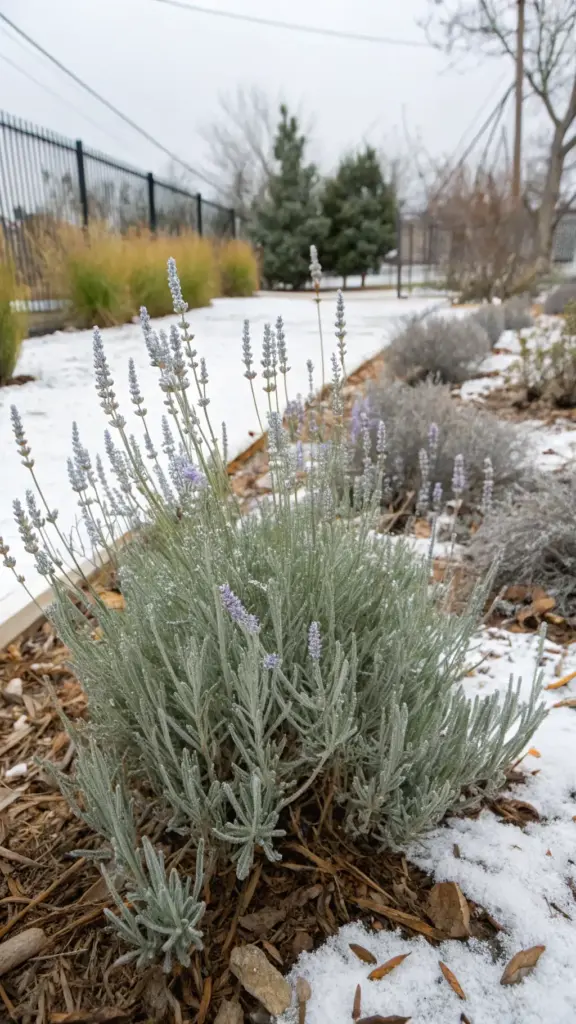 A hardy lavender plant with silvery foliage in a dormant winter state, demonstrating a key lesson in how to grow lavender in colder climates. The base of the plant is protected by a thick layer of wood chip mulch, and the surrounding garden bed is lightly covered in snow, illustrating an effective method for winter protection to ensure the plant thrives in spring. A fence and evergreen trees are visible in the background under an overcast sky.