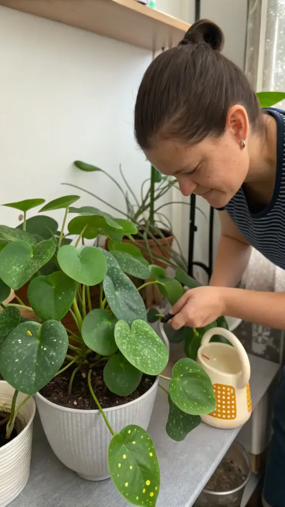 A person demonstrates a crucial and proactive step in Chinese Money Plant Care: pest prevention. They are leaning in to closely inspect a large, bushy Pilea peperomioides, using a small tool to groom the plant near its base. This attentive maintenance, performed regularly, helps to spot and prevent common pest problems before they start. The healthy plant sits in a white, ribbed pot next to a small watering can, illustrating a complete and diligent care routine.