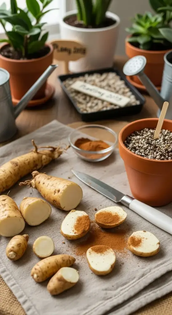 A close-up view of ZZ Plant Propagation using the rhizome division method. Freshly cut sections of ZZ plant rhizomes are shown dipped in cinnamon powder to prevent rot, with a knife and a pot of rooting medium on a cloth-covered table.