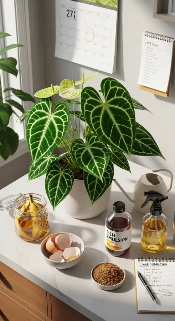 A healthy Anthurium Clarinervium plant surrounded by homemade fertilizer ingredients like banana peels, eggshells, and fish emulsion, showcasing natural methods to Grow Anthurium Clarinervium and enhance its nutrition.