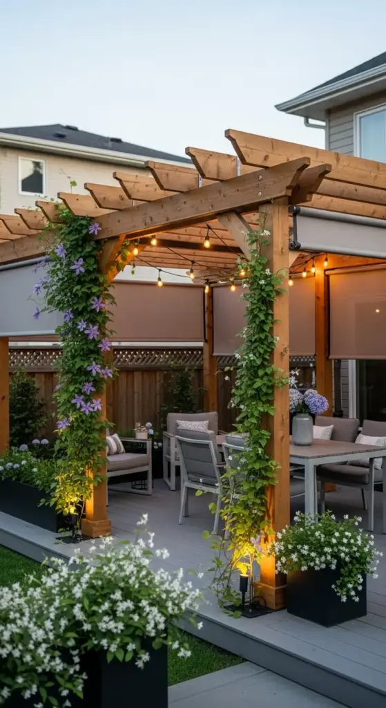 A beautiful backyard features a wooden pergola with string lights, serving as a stylish and functional element among the "Backyard Privacy Ideas From Neighbors". Lush clematis vines with purple flowers climb the pergola posts, adding natural charm. Underneath, a comfortable outdoor dining set and lounge chairs are arranged on a grey deck, complemented by potted white flowers. Retractable shades offer additional privacy from the neighboring houses, and a wooden fence forms the backdrop. The scene suggests a relaxed evening ambiance.