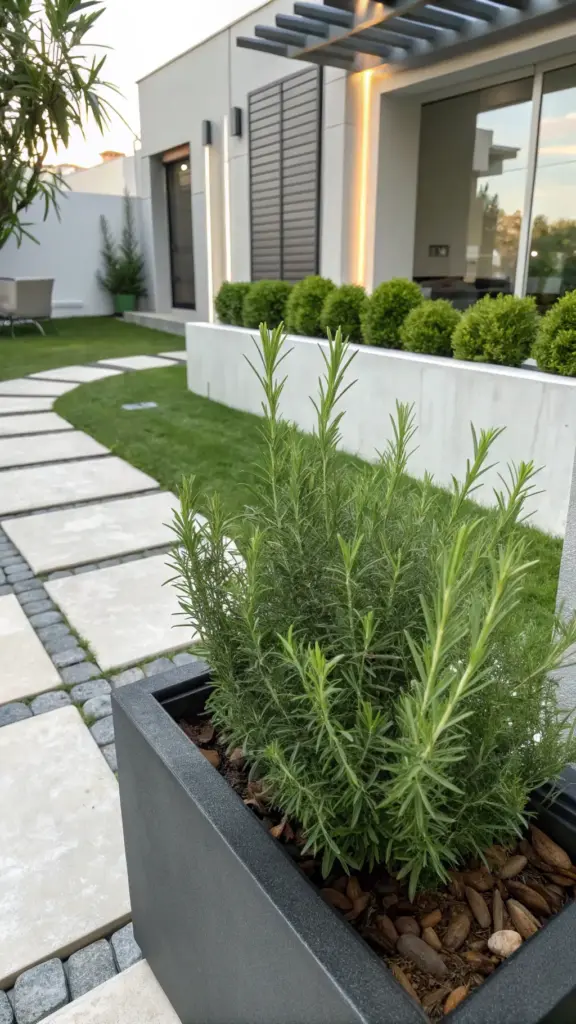 A lush rosemary plant in a modern, dark gray rectangular planter demonstrates one of the most stylish ways to use rosemary in contemporary landscape design. The architectural form of the herb beautifully complements the clean lines of the geometric paver path and the modern home in the background. Using rosemary in this way adds sophisticated texture, natural fragrance, and year-round greenery to a garden or patio.