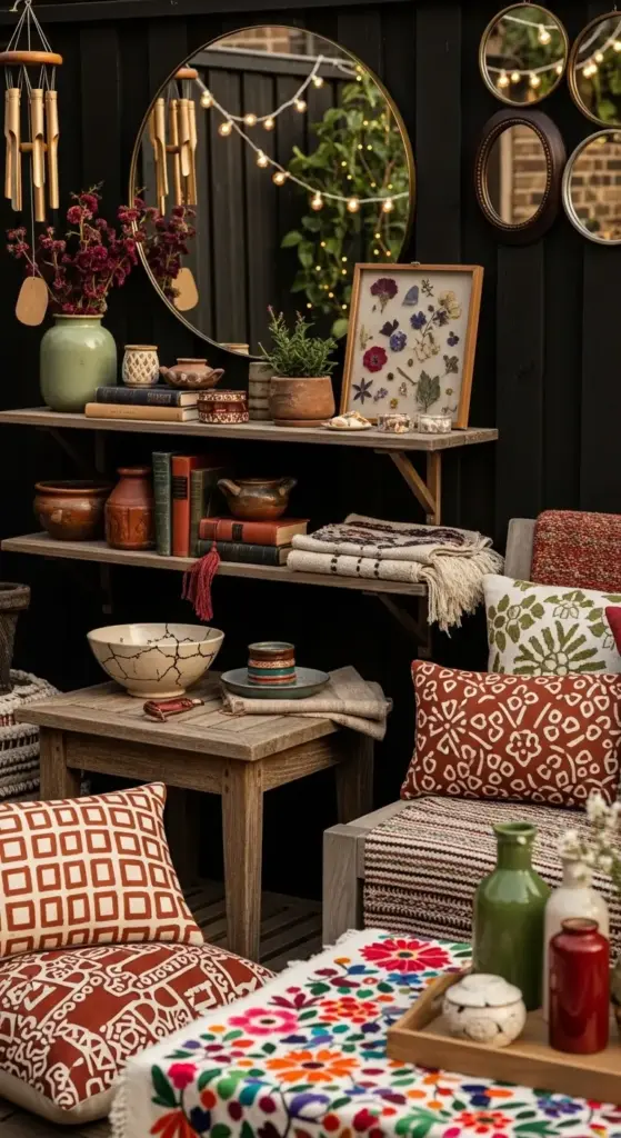 A detailed close-up of a stylish outdoor patio nook, brimming with bohemian charm and showcasing creative Boho Patio Ideas Outdoor Spaces. The scene features rustic wooden shelves adorned with vintage books, potted plants, terracotta pottery, and decorative items. A large round mirror reflects string lights, while smaller mirrors add to the eclectic decor. Comfortable seating is enhanced with an abundance of patterned pillows in warm earthy tones, and a vibrant floral-patterned tablecloth adds a pop of color to the inviting setup.