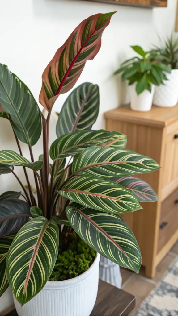 An elegant Calathea vandenheckei, a classic beauty among Calathea Plant Varieties, shown in a bright indoor setting. This close-up highlights the plant's long, dark green leaves featuring delicate, light-green pinstripes and a prominent pinkish-red midrib. One leaf is angled to display its rich, burgundy underside, characteristic of prayer plants. Potted in a white ribbed ceramic container with a lush bed of green moss, this plant sits near a wooden cabinet, showcasing its appeal as a sophisticated decorative houseplant.