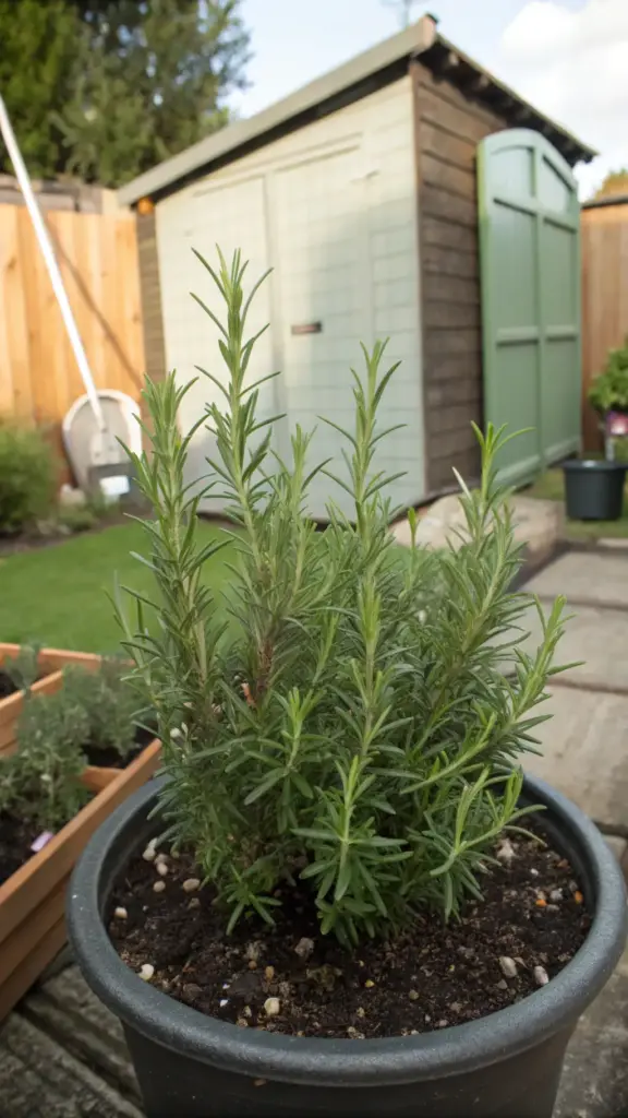 A vibrant, healthy rosemary plant growing robustly in a large, dark-colored pot. The setting is a pleasant backyard garden, with a wooden fence, green lawn, and a garden shed in the background. This image of a flourishing plant serves as an excellent example for an article on how to grow rosemary in a pot, illustrating the fantastic results achieved with proper care, soil, and feeding.