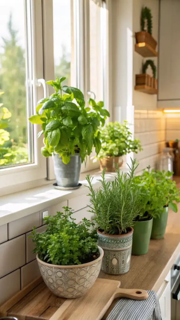 Bright and fresh kitchen in a house with plants, featuring a windowsill and wooden countertop adorned with a variety of potted herbs like basil and rosemary. This charming indoor herb garden, set against a backdrop of white subway tiles and a sunlit window, adds both functional greenery and a touch of nature to the heart of the home.