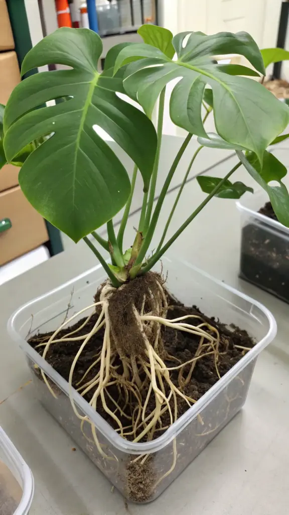 An image showing a successful milestone in learning how to propagate a Monstera: a cutting with a fully developed root system ready for transplanting. A healthy young Monstera with vibrant, fenestrated green leaves is shown in a clear plastic container, revealing a dense and extensive network of thick, healthy white roots in the soil. This visual guide demonstrates what a strong root ball should look like, indicating the new plant is thriving and ready to be moved to a permanent pot.