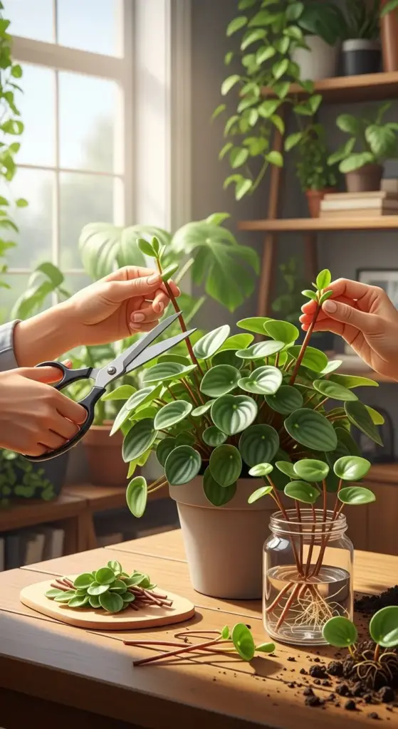 A pair of hands is actively engaged in Peperomia Care, with one hand holding pruning shears to cut a stem from a healthy Peperomia plant in a beige pot, while the other hand holds another stem, demonstrating propagation. Nearby, a glass jar shows Peperomia cuttings with visible roots, and a small pile of fresh cuttings lies on a wooden board, all indicating dedicated efforts in Peperomia Care and propagation.