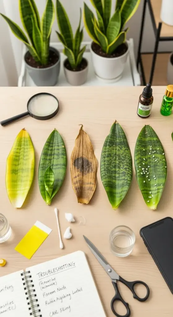 A detailed guide to troubleshooting in Snake Plant Care, showing a flat lay of five snake plant leaves with various issues like yellowing, browning, and white spots. Diagnostic tools like a magnifying glass, scissors, pest traps, and a notebook are arranged for identifying and solving common plant problems.