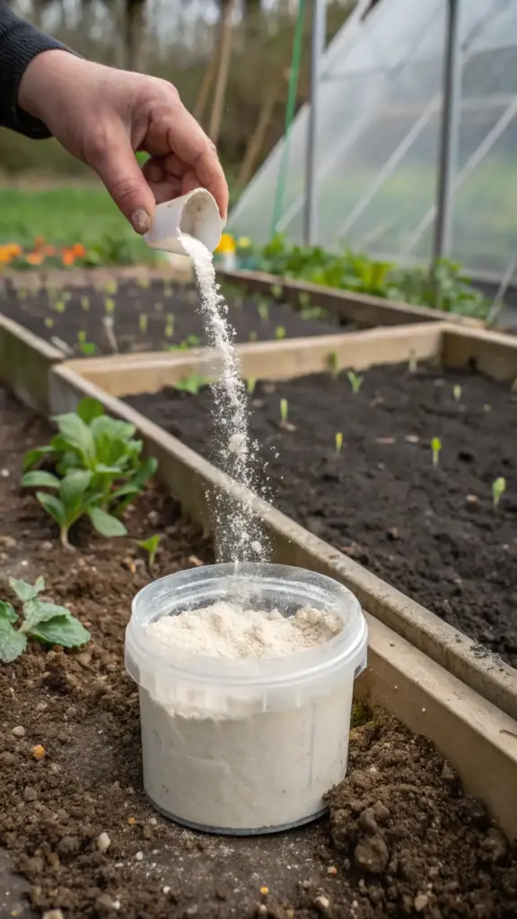 A hand carefully pours white, powdery diatomaceous earth from a small scoop into a larger container resting on dark soil, with garden beds and seedlings visible in the background. This natural substance is an effective method for controlling gnats in house plants by creating a dry, protective barrier when sprinkled on the topsoil.