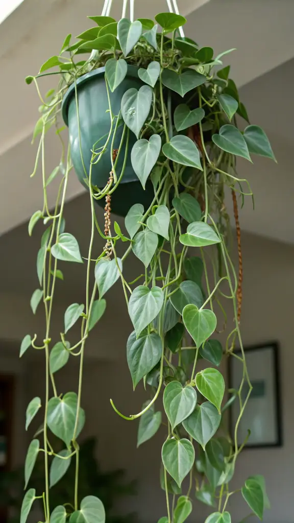 A beautiful, lush Heartleaf Philodendron (Philodendron hederaceum) with its signature dark green, heart-shaped leaves, cascades elegantly from a dark green hanging basket. The long, trailing vines create a stunning vertical element perfect for home interiors. This image showcases a popular choice for indoor plants decor living room settings, with a softly blurred background of a room suggesting a bright and airy living space.