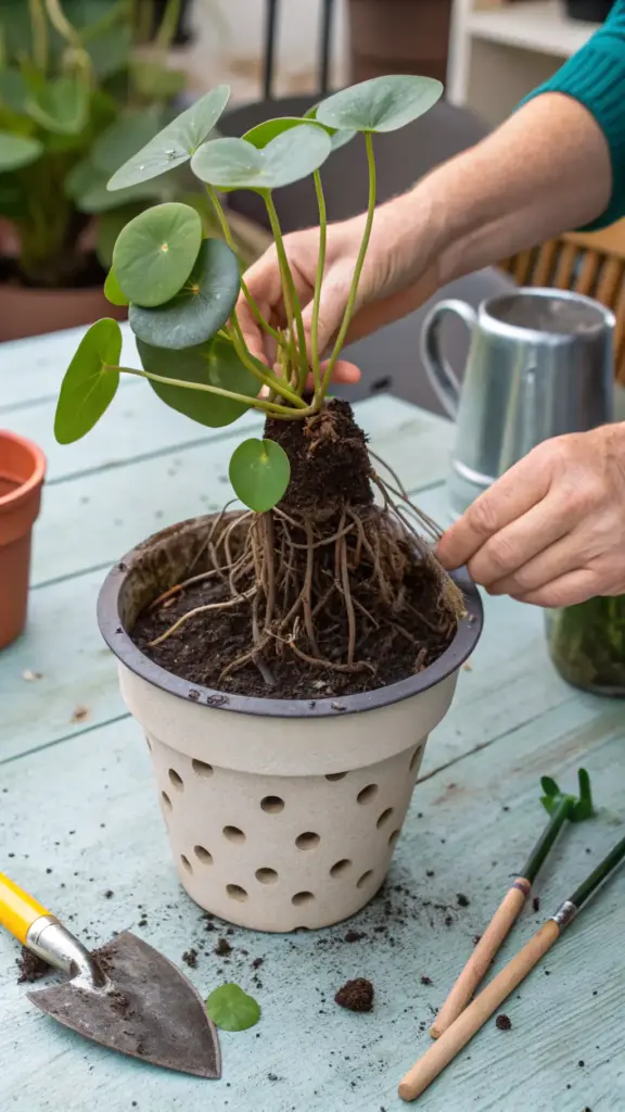 A hands-on visual guide to repotting, an essential skill in Chinese Money Plant Care. A person's hands are shown carefully lifting a healthy Pilea peperomioides from its pot, exposing a dense and well-formed root ball. One hand gently teases and loosens the roots, preparing the plant for a larger container with fresh soil. The process takes place on a light blue potting bench with gardening tools nearby, clearly illustrating the proper technique for repotting a root-bound plant to encourage continued growth.