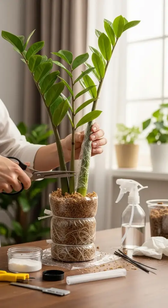 A person demonstrates the air layering method for ZZ Plant Propagation, using scissors to cut a stem from the mother plant. The new, independent root system is visible, having grown inside a plastic-wrapped bundle of moist sphagnum moss around the stem.