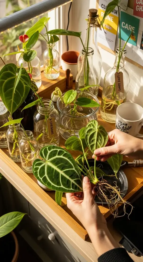 Hands holding an Anthurium Clarinervium propagation with visible roots, surrounded by multiple plant cuttings in water-filled jars, illustrating successful methods to Grow Anthurium Clarinervium through propagation and expand your plant collection.