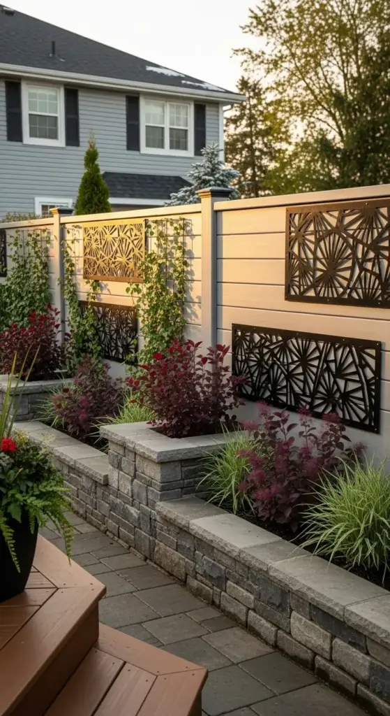 A contemporary backyard showcases elegant "Backyard Privacy Ideas From Neighbors" with a decorative fence featuring light-colored horizontal slats and intricate dark metal panels with geometric patterns. Below the fence, multi-level raised garden beds constructed from stone blocks are filled with lush red-leafed shrubs and green plants, while climbing vines ascend the fence panels, creating a visually appealing and private outdoor space. A paved pathway and a house in the background complete the scene under natural daylight.