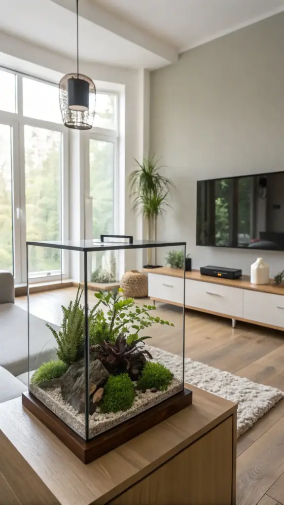 Minimalist modern living room in a house with plants, featuring a stylish glass terrarium with miniature plants as a centerpiece on a wooden table. The bright and airy room includes large windows, a grey sofa, a white and wood media console with a TV, and additional larger houseplants, creating a serene and contemporary green living space.